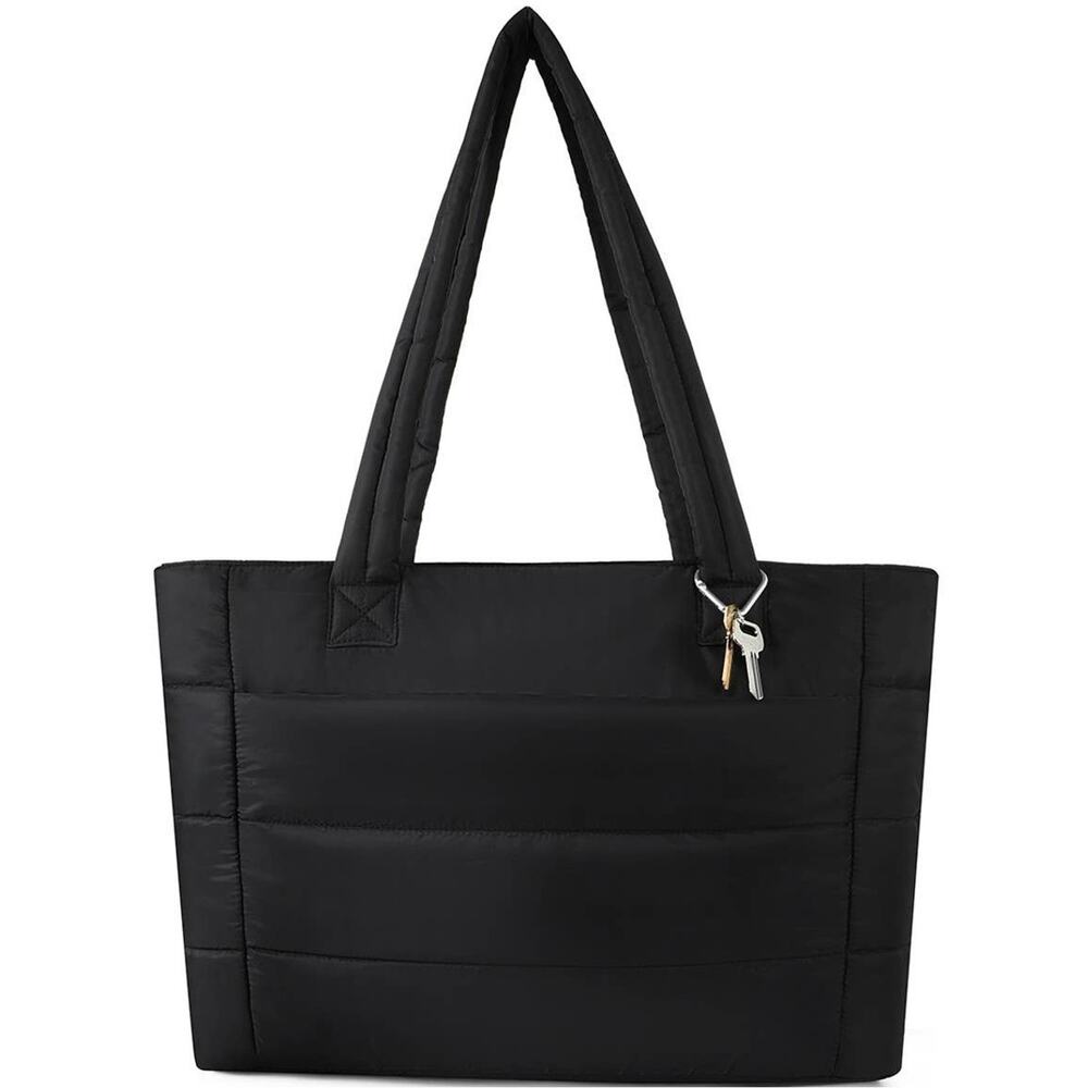 Tote Quilted Puffer with Front Pocket and Luggage Strap Black